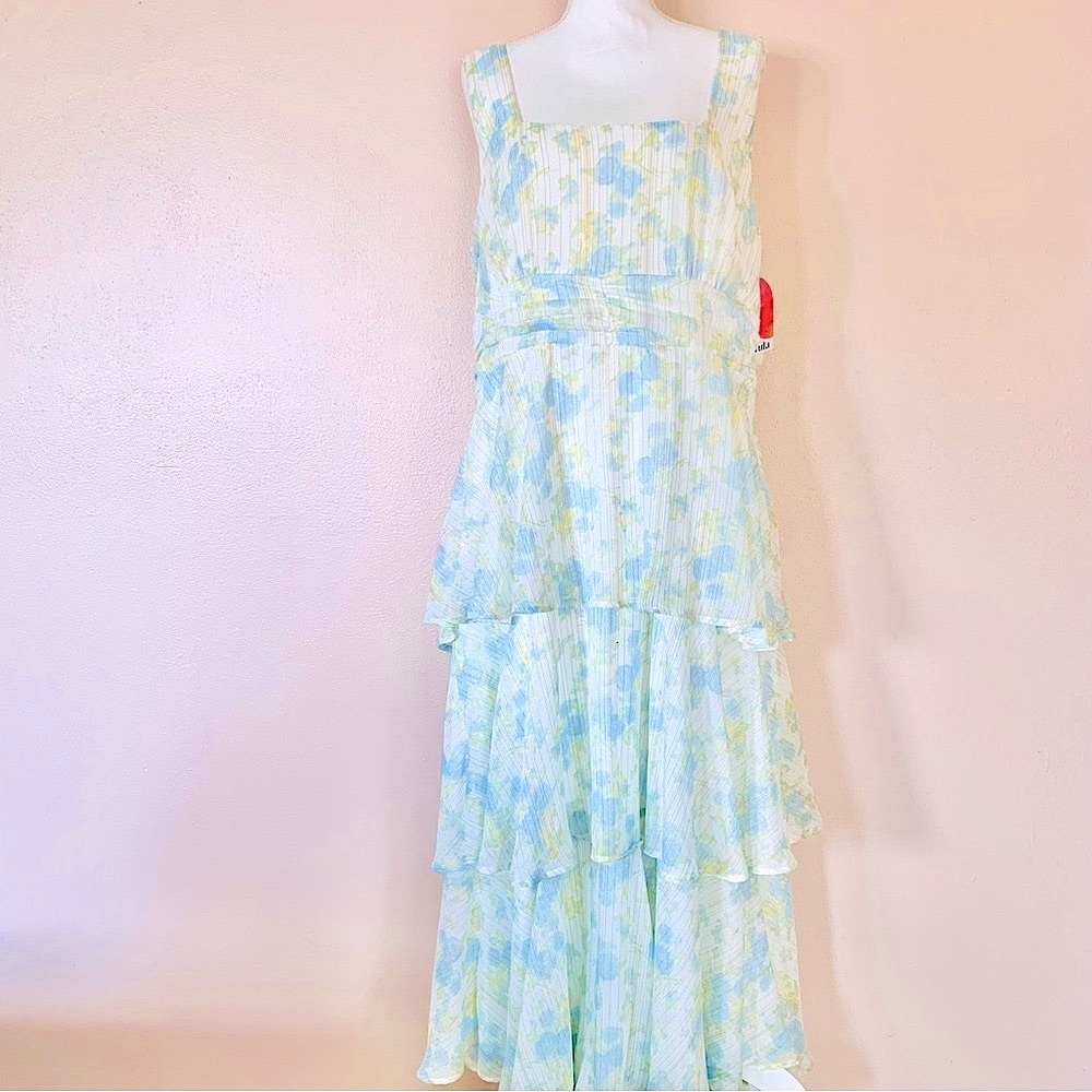 ARULA Blue White & Yellow with Gold Metallic Stripes Floral Maxi Tiered Dress.